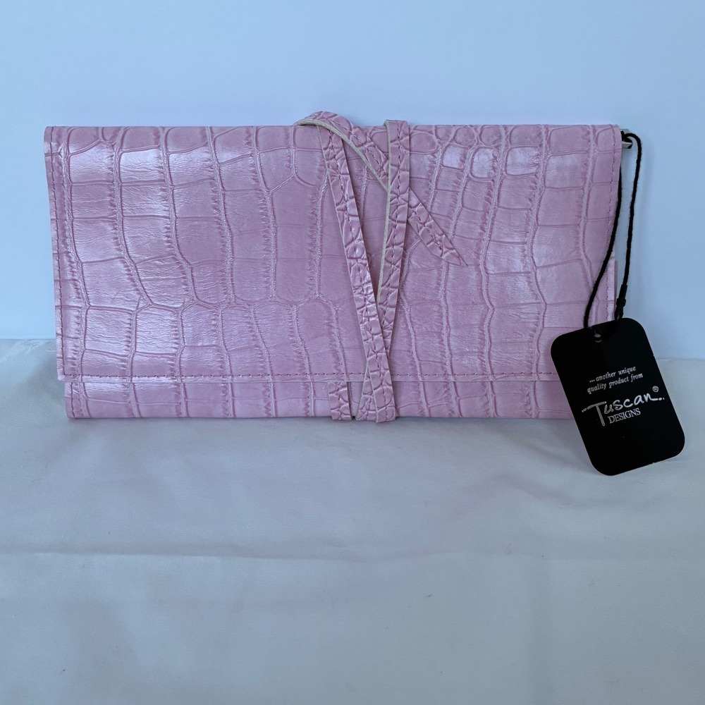 Tuscan Designs Pink Crocodile Embossed Leather Jewelry Roll Travel Organizer NWT